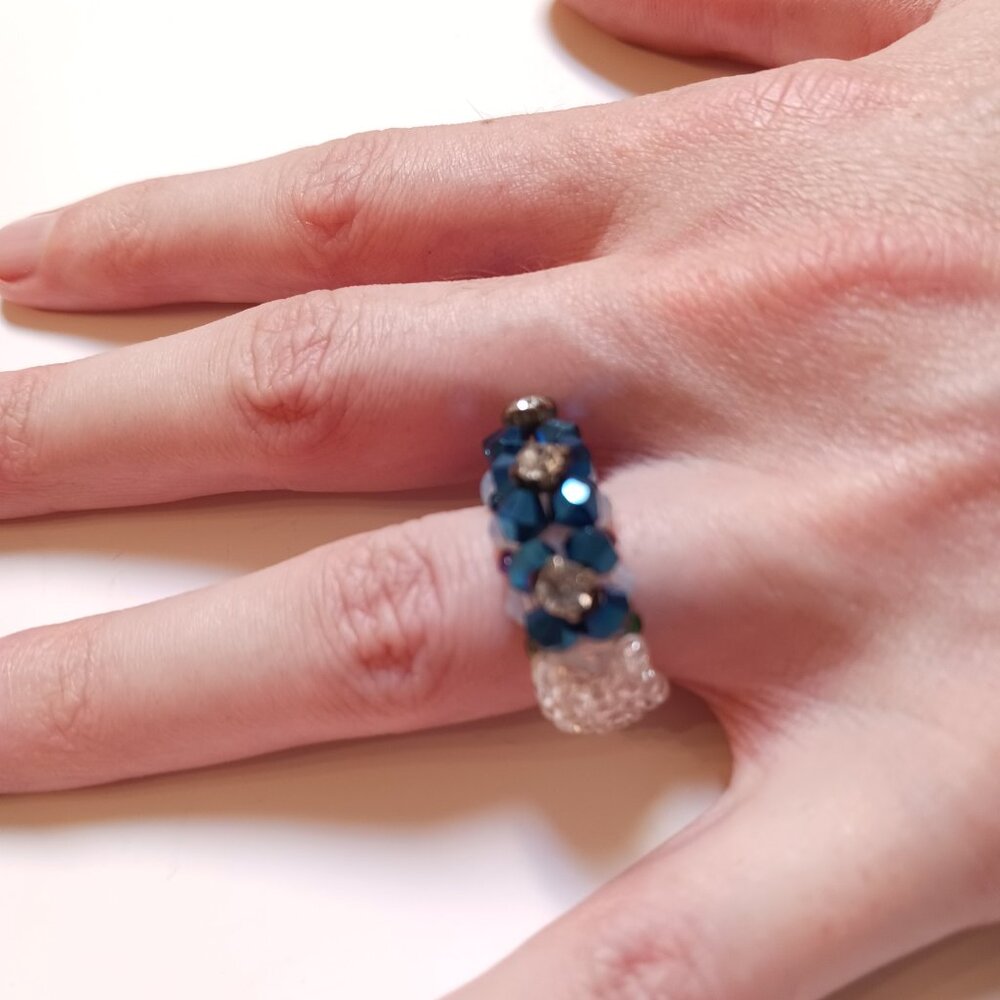 Cobalt Blue Boho Hippie Beaded Artisan Woven  Bead Ring Size 8-9